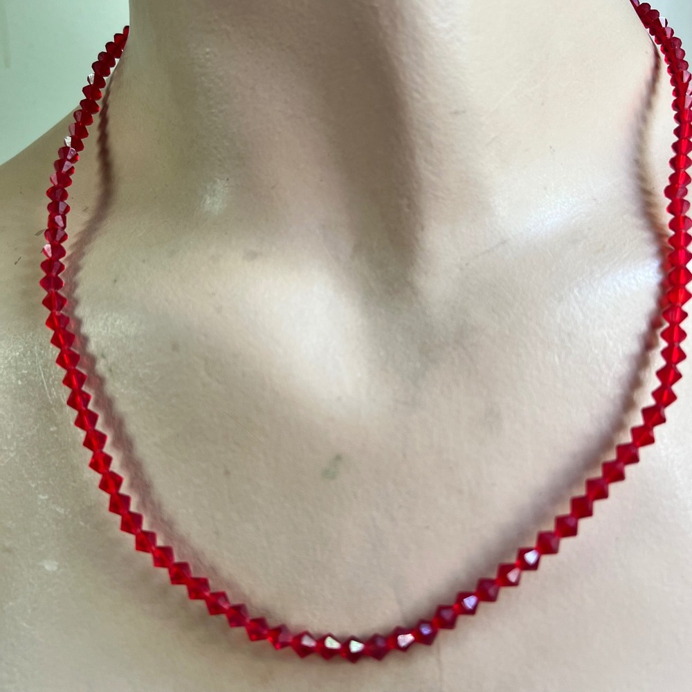 Vintage Red Faceted Glass Crystal Bead Strand Necklace 23" Cottagecore